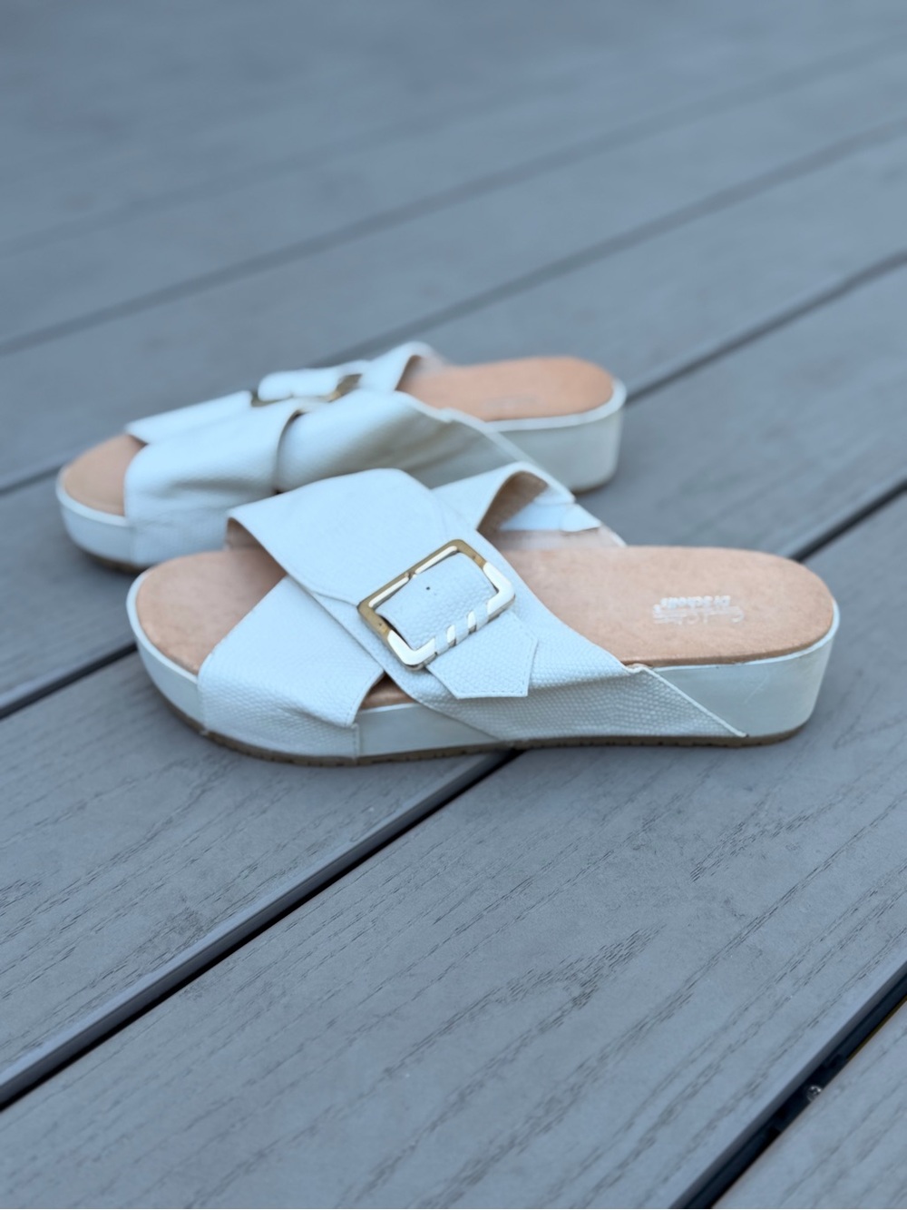 Dr. Scholl's White Crisscross Slide Sandals with Gold Buckle